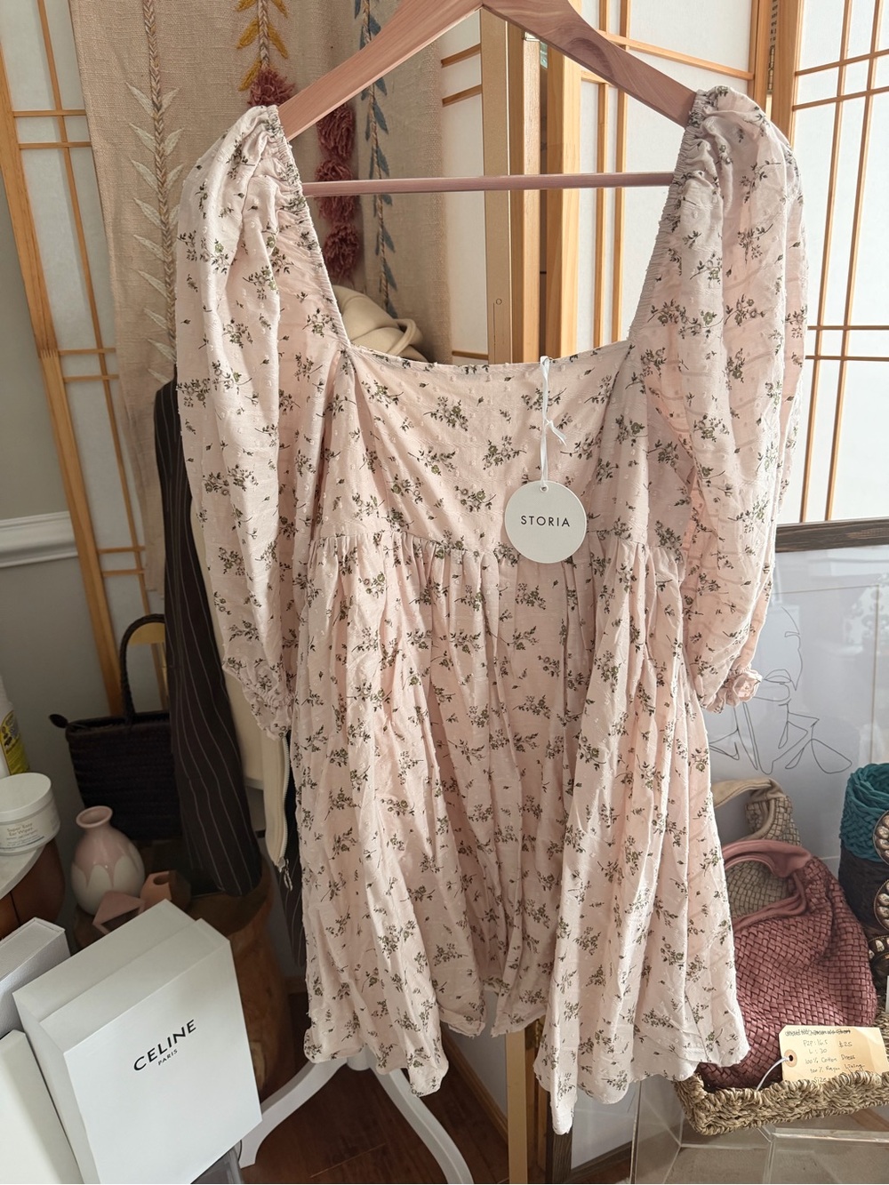 21. STORIA Pink Floral Puff Sleeve Mini Dress Size M Cottagecore